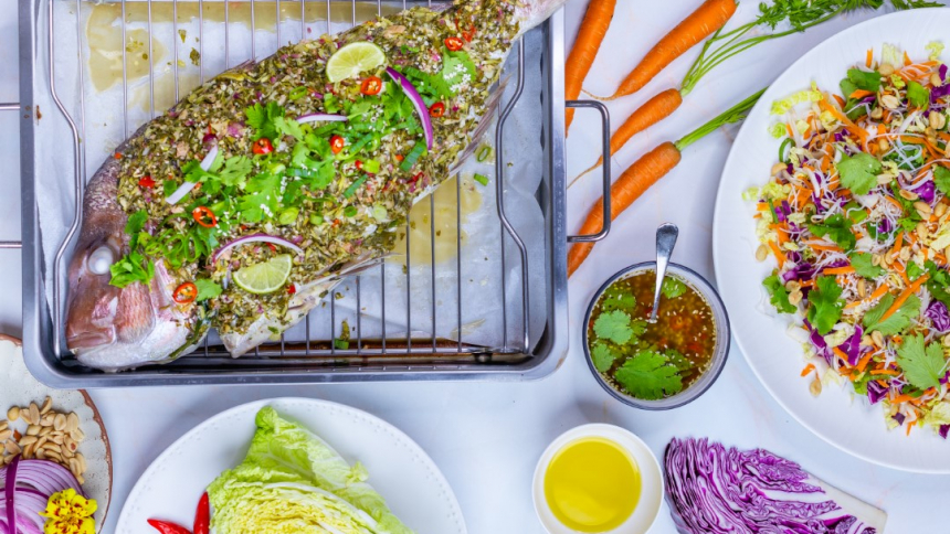 Whole roasted herby fish with noodle salad